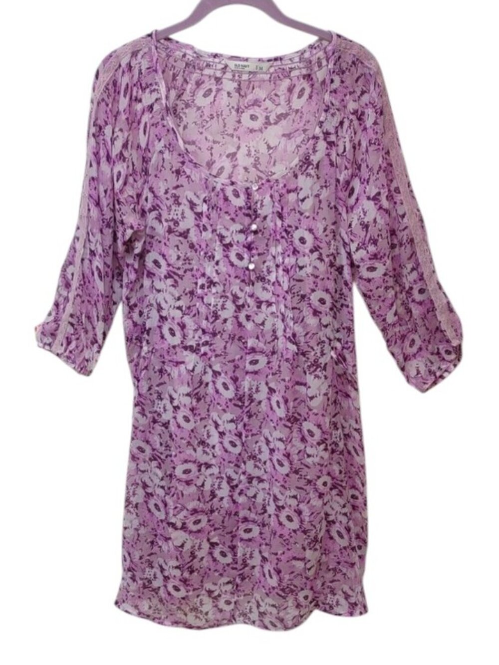 Old Navy LS Lavender/White Floral Chiffon With Slip Pintuck & Lace Details Dress